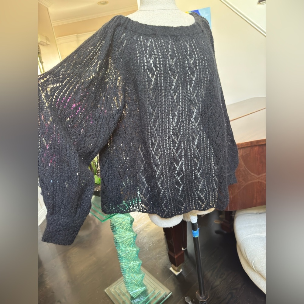 Free People RARE Black Open-Knit Sweater Balloon Sleeves